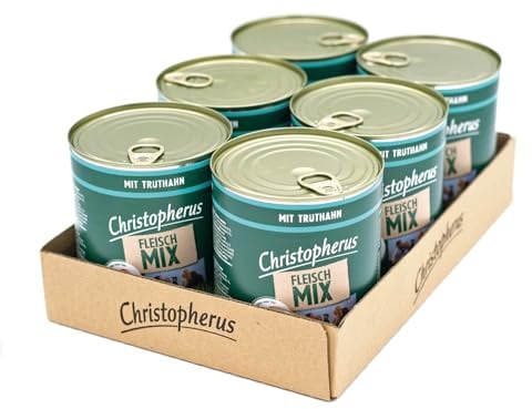 Christopherus Fleischmix Nassfutter für Hunde mit Truthahn, 6 x 800 g | Proteinreiches Futter, leicht verdaulich, nährstoffreich, ohne unnötige Zusätze, enthält frisches Fleisch & Innereien