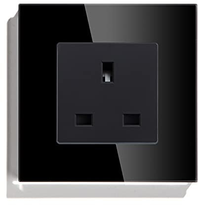 BSEED 13A Single Power Socket, UK Standard Single Socket with Glass Panel,1 Gang Unswitched Socket Black,86mm*86mm Screwless Wall Outlet