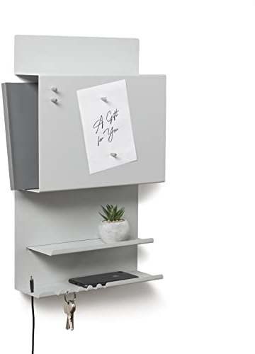 byde Wandorganizer Hepe aus Stahlstruktur. 30 x 9 x 49 cm 3-in-1 Wandregal mit Magnettafel und Magneten. Tafel für Schlüssel, Zeitungen und Notizen. Graue Farbe