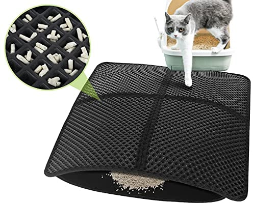 pecute Katzenklo Matte Katzenstreu Matte Doppelte Schichte, Faltbarer Katzenklo Unterleger wasserdichte rutschfeste Katzenklo Vorleger mit Großs Loch 65 * 75 cm Schwarz