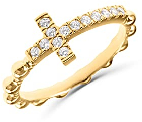 Ring Kreuz Rosenkranz Damen aus 925er Silber 18 Karat vergoldet mit Zirkonia -, Sterling Silber