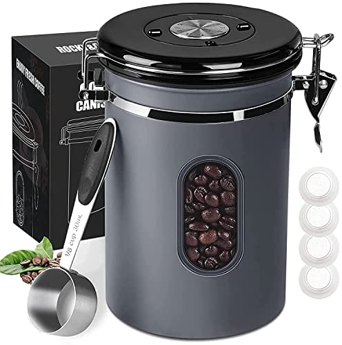 1800ML Airtight Coffee Canister with Date Tracker Transparent Window, 22.8OZ Coffe Beans Storage with 30 ML Measure Spoon&4 co2 Valve, Kitchen Food Storage Container for Grounds Coffee,Beans&Tea(Grey)