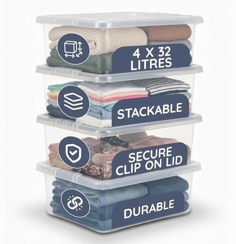 Niftii Underbed Storage Boxes with Lids 32L – 4 Pack Clear Plastic Storage Containers, Stackable Storage Boxes for Clothes, Shoes, Bedding, Wardrobe & Home Organisation