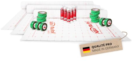 Alfa Dach-Innenausbau Set L – Komplettset inkl. Folie, Klebeband und Kleber | Profi-Qualität – Dampfbremssystem mit Folie - Klebeband und Kleber für den luftdichten Dach-Innenausbau