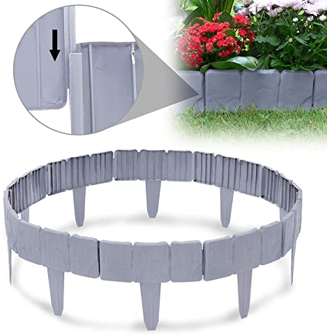 UISEBRT Rasenkante Kunstoff 17,5m Beeteinfassung Gartenzaun Beetumrandungen Steinoptik Randsteine Palisaden Garten Dekorativ Border Blumenbeet, 1 Element (L x H): 25cm x 23cm, Grau