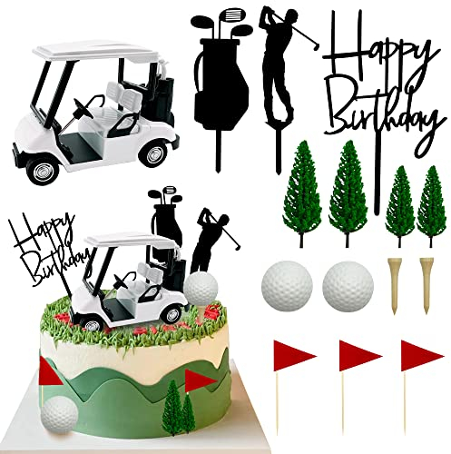 Golf Cake Decorations: Cart Cake Toppers with Flag & Ball for Golf Theme Party Supplies (White)
