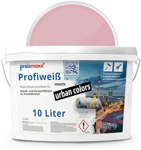 Preismaxx Profiweiß Wandfarbe rosa 10L, hohe Deckkraft, Dispersionsfarbe innen, Innenwandfarbe Raumfarbe kirschblüte deckend, Deckkraftklasse 2, matt Innenfarbe Profi Qualität