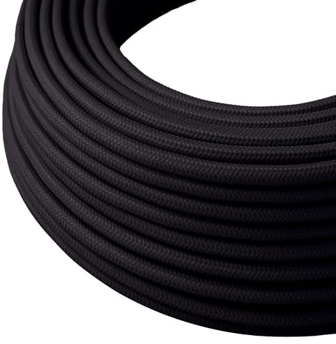 LEDSone 3 Core 5 Meters Black Colour Round Fabric Cable, Vintage Style Italian Braided 0.75mm Flexible Lighting Electrical Cable for UK Lighting.