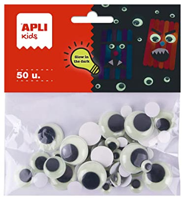 APLI Kids 19368 - Bolsa con 50 Ojos móviles redondos adhesivos Glow in the dark, material manualidades que brilla en la oscuridad, ojos diy fluorescentes.