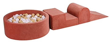 MEOWBABY Spielplatz aus Schaumstoff mit Bällebad 240x45cm - Schaumspielset mit 200 Bälle für Kinder, Velvet, Marsala-Rot: Weiß/Beige
