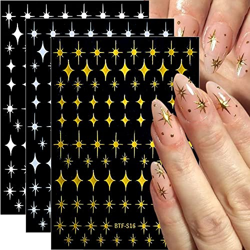 Dornail Nagelsticker 8 Blätter Gold Silber Sterne Nail Sticker Vierzackiger Stern Selbstklebend 3D Schwarzer Nagel Stickers Nageldesign für Frauen Mädchen DIY Nagel Dekoration
