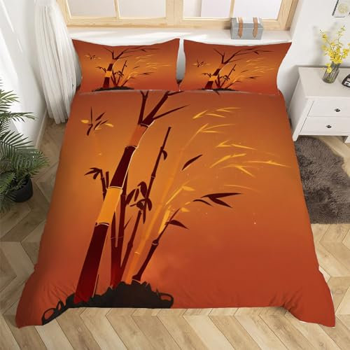 Housse de Couette 220x240 Motif Bambou Chinoiseries Parure de Lit 2 Personnes en Microfibre pour Adulte Ado Enfant avec Fermeture Éclair et 2 Taies d'oreiller