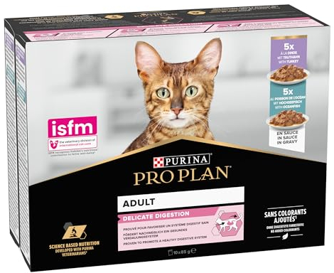 Purina Pro Plan Nassfutter für Katzen, für Erwachsene, Delicate reich an Truthahn und Fisch, 4 Packungen mit 10 Beutel à 85 g