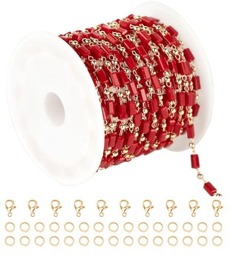 YOUBEIYEE 2,5 m dunkelrote Kristallkette für Damen, Halskette, DIY, vergoldete Kupferkette, Rosenkranz, Perlen, Bastelkette, Rolle mit Biegeringe und Karabinerverschlüssen