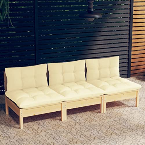 Hovothy 3-Sitzer-Gartensofa mit Creme Kissen Massivholz Kiefer Gartencouch Balcony Furniture Garden Furniture Outdoor Sofa Gartenmöbel Holz Balkonmöbel Holz Balkon Set Balkon Stuhl Gartensofa