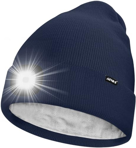 ATNKE LED Mütze mit Licht,Wiederaufladbare USB 4 LED Beleuchtete Laufmütze Extrem Heller Lampe Winter Warme Gefüttertes Fleece Stricken Mütze für Herren und Damen Geschenke/Light Navy Blue