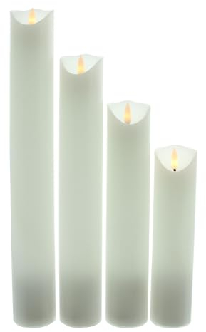 LED-Kerze, 4er Set, Wachs, weiß, warmweiße LED, batteriebetrieben, leicht flackernd, Timerfunktion, Maße: Ø 5 cm, Höhe 20 cm, 25 cm, 30 cm, 35 cm, ohne Batterien, nur für den Innenbereich geeignet
