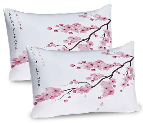 ABAKUHAUS asiatisch Kissenbezug Packung mit 2, Japanische Kirschblüten Blumen Sakura Grafik Illustration Muster, Dekorativer Standard Gedruckter Kissenbezug, 80 x 40 cm, Weiß Rosa