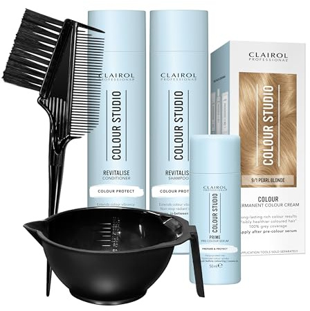 Clairol Professional Colour Studio Permanent Colour Cream Hair Dye | Long-lasting Rich Tones | 100% Grey Coverage | Hair Colouring Kit | 3-step Routine with Accessories | 9/1 Pearl Blonde