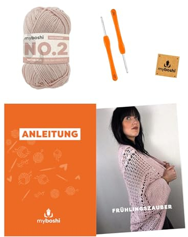 myboshi Häkelset Seelenwärmer Frühlingszauber, Häkelset für Anfänger, inkl. No.2 Garn, Häkelnadeln, Wollnadeln, Anleitung, Label, 85% Baumwolle, 15% Kapok, Rosa mit Häkelnadel