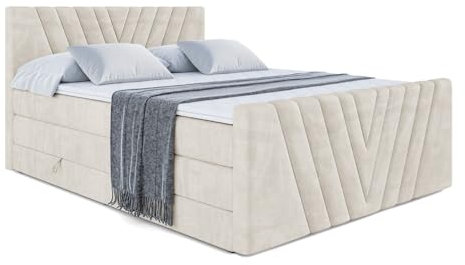ALTDECOR Boxspringbett mit Matratze und Lattenrost, Topper, Fußteil,Polsterbett mit Bettkasten, Bett mit Stauraum H3- und H4- Matratze, Doppelbett - ERNINA-Z King - 160x200 - Beige Samt