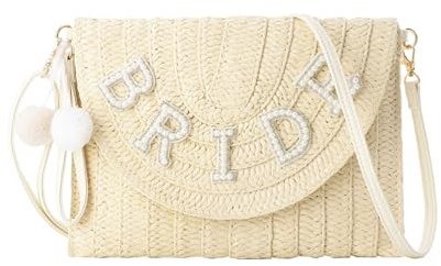 Ynport Crefreak Damen Strohbraut Clutch Handtasche Gewebter Umschlag Shouler Tasche Strass Hochzeit Urlaub Clutch Geldbörse Flitterwochen Geschenk für Braut, Beige BRIDE
