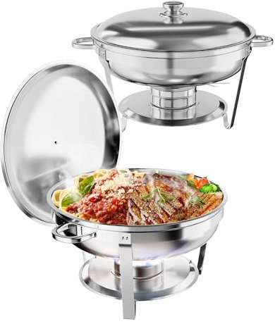 Perbyste 5QT - Set di 2 scaldavivande rotondi in acciaio inox, scaldavivande con padella per cibo e acqua, coperchio, telaio, supporto per carburante per catering e feste