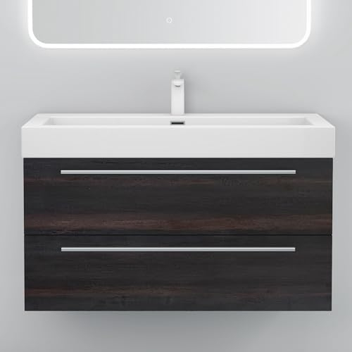 maimai Mobile Bagno Sospeso100cm, Mobiletto per Bagno con Lavabo, Grigio Scuro, Seria Quadratto