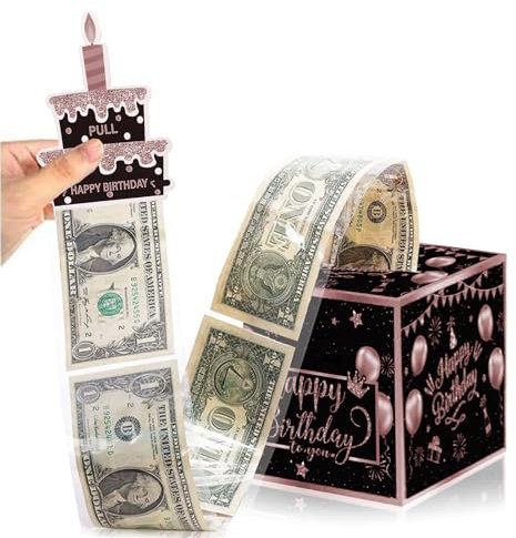 Happy Birthday Money Box Cash Gift, Black & Rose Gold Funny Pull Cash from Money Case for Surprise,Money Gift Box with Pull Out Happy Birthday Card for Money/Lottery/Coupon on One's Birthday
