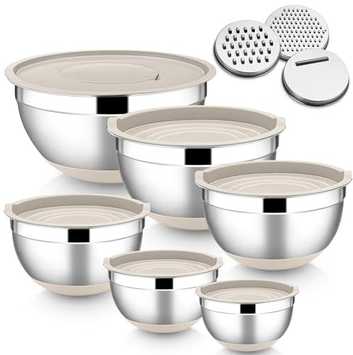 HaWare Rührschüssel 6er Set, Edelstahl Schüssel Salatschüssel Set mit Luftdichtem Deckel & 3 Reibenaufsätzen, 4,6L/2,8L/2,5L/1,6L/1,2L/0,7L, Rutschfester Silikonboden & Spülmaschinenfest, Khaki