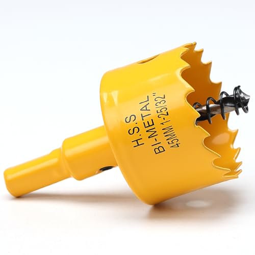 45mm Hole Saw, HSS Bi-Metal Hole Cutter with Drill Bit, Heavy Duty Hole Saw for Wood, Plastic, Drywall, Fiberglass, Yellow