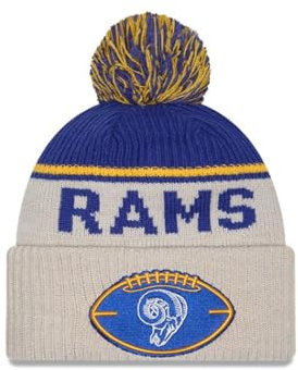 New Era Los Angeles Rams NFL 2024 Sideline Historic Sport Knit Beige Blau Bommelmütze - One-Size