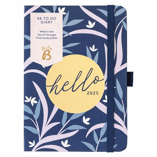 Busy B - A6 Wochenplaner 2025 Terminkalender 2025 mit To-Do-Listen & Notizseiten - Kompaktes Marineblau Blumen Journal - Wochenansicht, 3 Steckfächer & Jahresplaner
