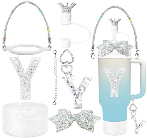 Stanley Tassen-Zubehör-Set für Stanley Cup 30 und 1,2 l Trinkbecher, Silikon-Trinkhalm-Abdeckkappe und Kofferraum, Buchstaben-Charm, Schleifen-Dekoration, Initialen-Aufkleber,