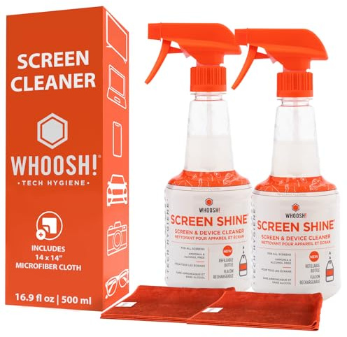 WHOOSH! Großes Bildschirmreiniger-Spray [Set of 2] - 500ml + 1 Mikrofaserreinigungstuch - Für TV, Laptop, MacBook, iPad, Telefon, Kamera, Touchscreen - Industrie-Größe