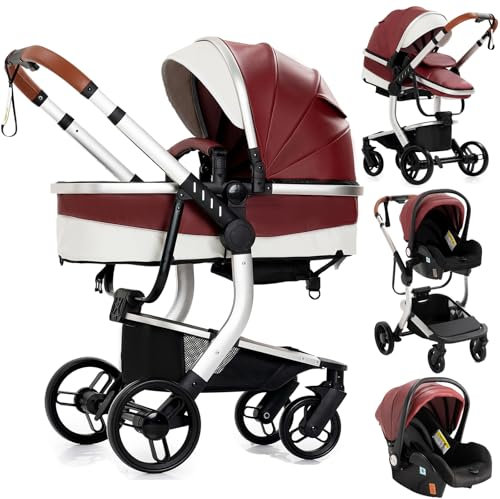 Doraystar PU-Leder Kinderwagen 3 in 1, Kombikinderwagen 3 in 1 mit Zwei Umkehrbaren Schiebemodi, Kinderwagen Set mit Ein-Klick-Faltdesign, Kinderwagen Komplettset Rahmen Aluminiumlegierung (518 Red)