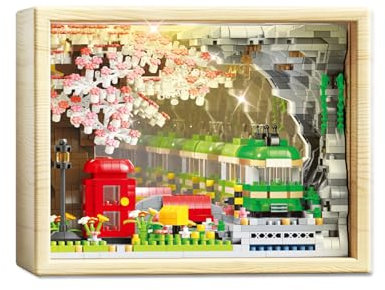 Sakura Zug Bauklötze Kit, 1088 Teile Zug Klemmbausteine Architektur Modell Bausatz, MOC Modular Architektur Konstruktionsspielzeug, Rahmen und Linsen aus Holz