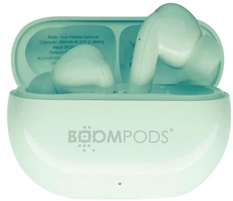 Boompods Echobuds In-Ear Bluetooth Kopfhörer - Kabellose In Ear Ohrhörer mit Mikrofon, 19 Std. Spielzeit und Ladebox, IPX4 Wasserdicht, TWS-Ohrhörer mit Geräuschunterdrückung, Pfefferminz