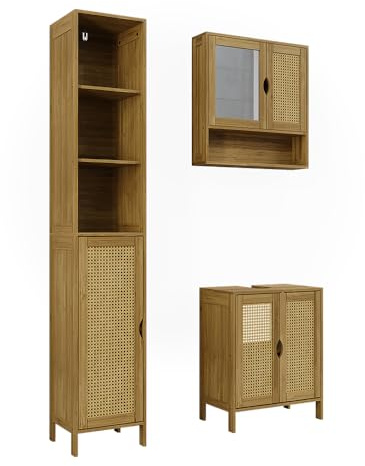 Vicco Badmöbel-Set Liora, Bambus, 48 cm | besteht aus Waschbeckenunterschrank, Spiegelschrank und Hochschrank