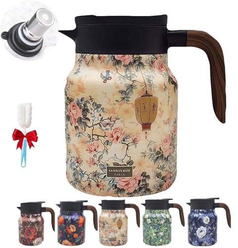 Peshoriadm Teapot, Raidley Vintage Floral Pattern Tea Pot Built-in Infuser, 800ml/1000ml Stainless Steel Thermal Carafe with Lid for Hot Drinks, Insulated Teapot with Handle for Home (Pink, 1000ml)