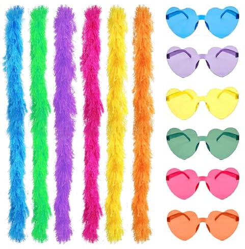 Tgsedr 6 Stück Bunte Federboas mit 6 Rahmenlosen Sonnenbrillen Künstliche Flauschige Boas für Damen Mädchen 2 m Federboas Party Accessoires für Party Karneval Halloween Kostümzubehör