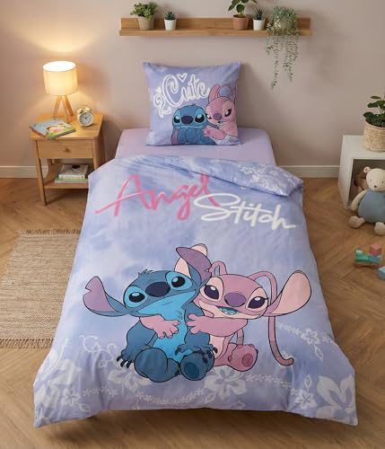 Stitch und Angel Bettwäsche 140x200 + Kissenbezug 65x65 Baumwoll-Misch | Wendebettwäsche Einzelbett | Baumwoll-Mischgewebe schnelltrocknend | Disney Lilo & Stitch | Jugendliche | Maschinenwaschbar