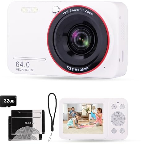 4K Digital Camera for Kids Ages 7-12, 64MP Point and Shoot Digital Camera for Vlogging with 32GB SD Card, Autofocus 18X Zoom Compact Portable Camera for Boys Girls Teens Adult Beginners, 2 Batteries