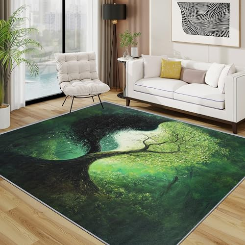 TerroVee Baum Teppich 140x200 cm, Yin Yang Grün Wald Teppich Wohnzimmer, Natur Botanisch Kurzflor rutschfest Pflegeleicht Teppiche Für Jugendzimmer Schlafzimmer, Grün