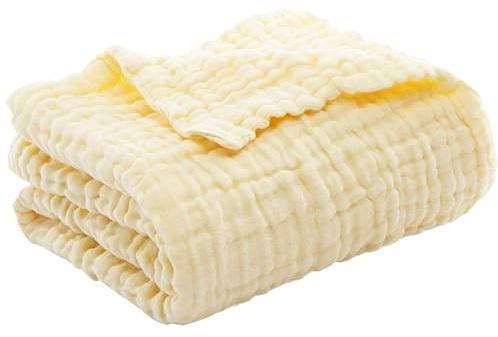 HItianya Musselin Decke Erwachsene, Musselin Bettdecke, Musselindecke 150 X 200, Muslin Blanket, Sanfte Musselindecke aus Natur Baumwolle, 6-Lagige Atmungsaktive, für Couch, Bett (Gelb, 130 * 150)
