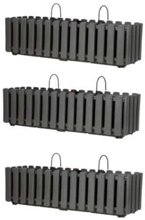 Planters Pride Flo 3-Pack Large 58cm Hanging Self-Watering Pots, Stone Grey | Plastic Fence & Balcony Troughs with Plant Watering Indicator | Herb Garden Flower Boxes Rectangular Outdoor Wall Planters