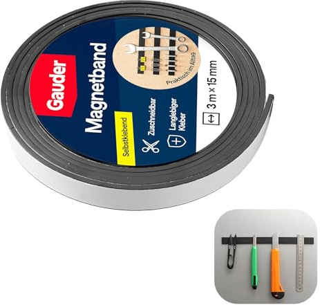 3 m x 15 mm Kraftfullt självhäftande magnetband, magnetisk tejp med hög vidhäftningskraft för hantverk och organisation, för trä, plast och metall, magnetisk självhäftande tejp