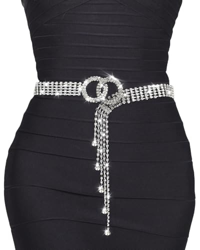 DIPZO Rhinestone Silberkettengürtel für Damen, Verstellbarer glänzender Taillengürtel für Kleider, Hochzeit, Party oder festliche Anlässe
