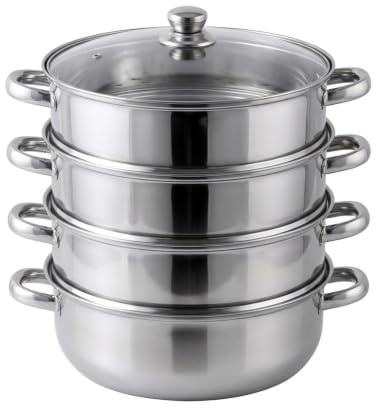 Dampfgarer zum Kochen, 28cm Edelstahl-Dampfgarer mit Dämpfeinsatz, 3/4-stöckiges Kochgeschirr mit Deckel, Edelstahl Dampfkocher, Dampftopf für gleichzeitiges Dämpfen Suppe, Nudeln, Fische (4 Stock)