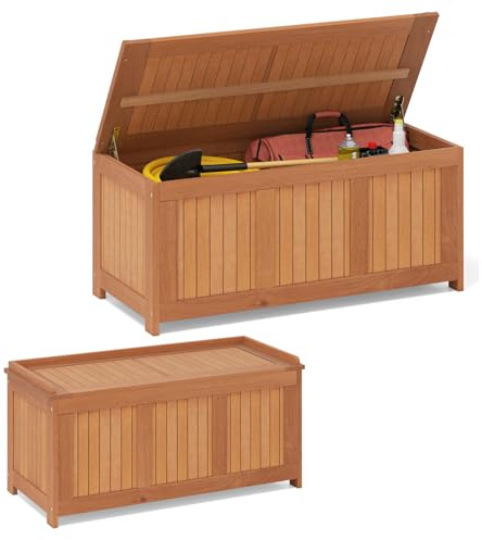 RELAX4LIFE Gartenbox Holz, 220L Auflagenbox mit Deckel, bis 150 kg, Aufbewahrungsbox mit Stauraum, Sitzbank Kissenbox Outdoor Massivholz, Auflagentruhe Holztruhe für Garten Balkon Terrasse, Teakfarbe